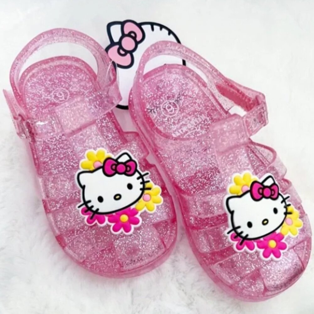 NWT HELLO KITTY Glitter Pink Girl Toddler Jelly Sandals Velcro strap closure